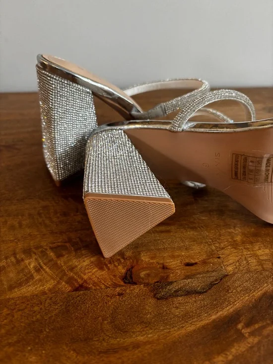 Silver Rhinestone Block Heel Sandals - Picture 3 of 3